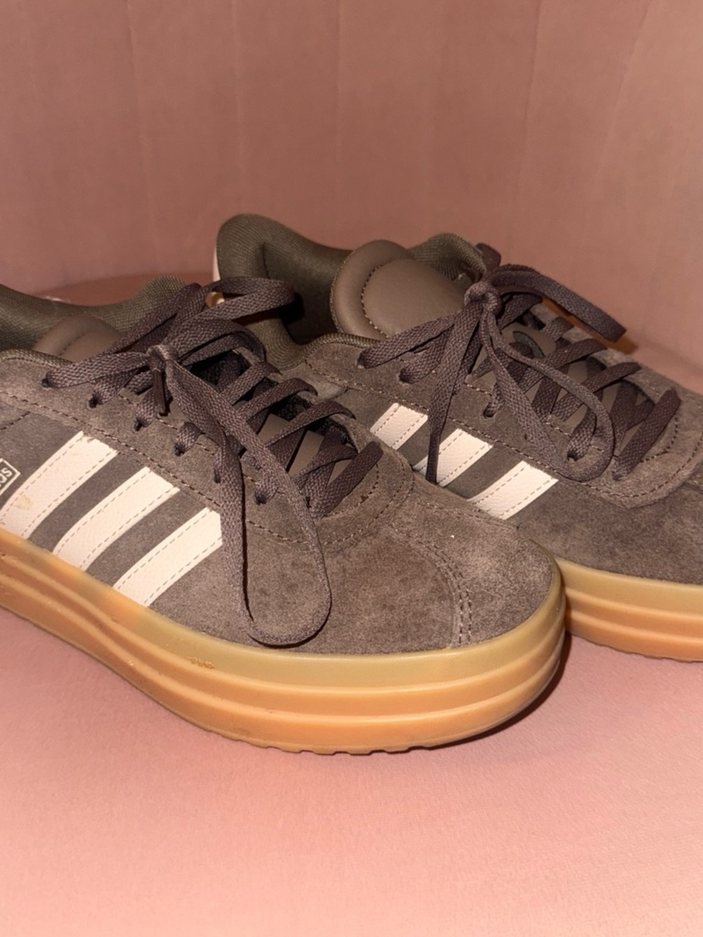 adidas Women's Suede Athletic Sneakers in Gray with White Stripes and Gum Sole